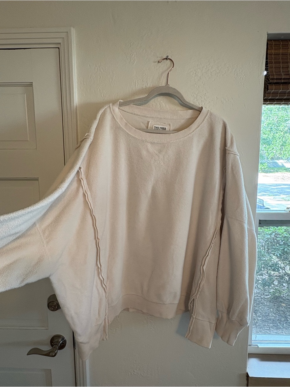 American Eagle Cream Raw-Edge Crewneck Sweater